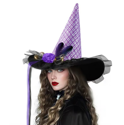 Glowing Witch Hat with Spider Web Pattern, Hidden Switch, and Fabric Rose Accents