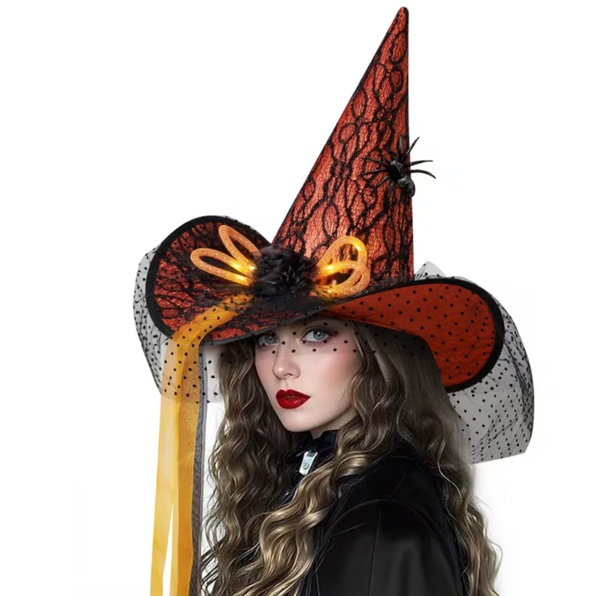 Glowing Witch Hat with Spider Web Pattern, Hidden Switch, and Fabric Rose Accents