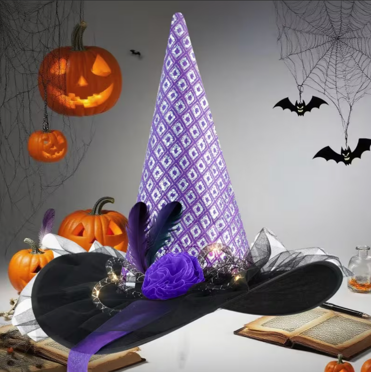 Glowing Witch Hat with Spider Web Pattern, Hidden Switch, and Fabric Rose Accents