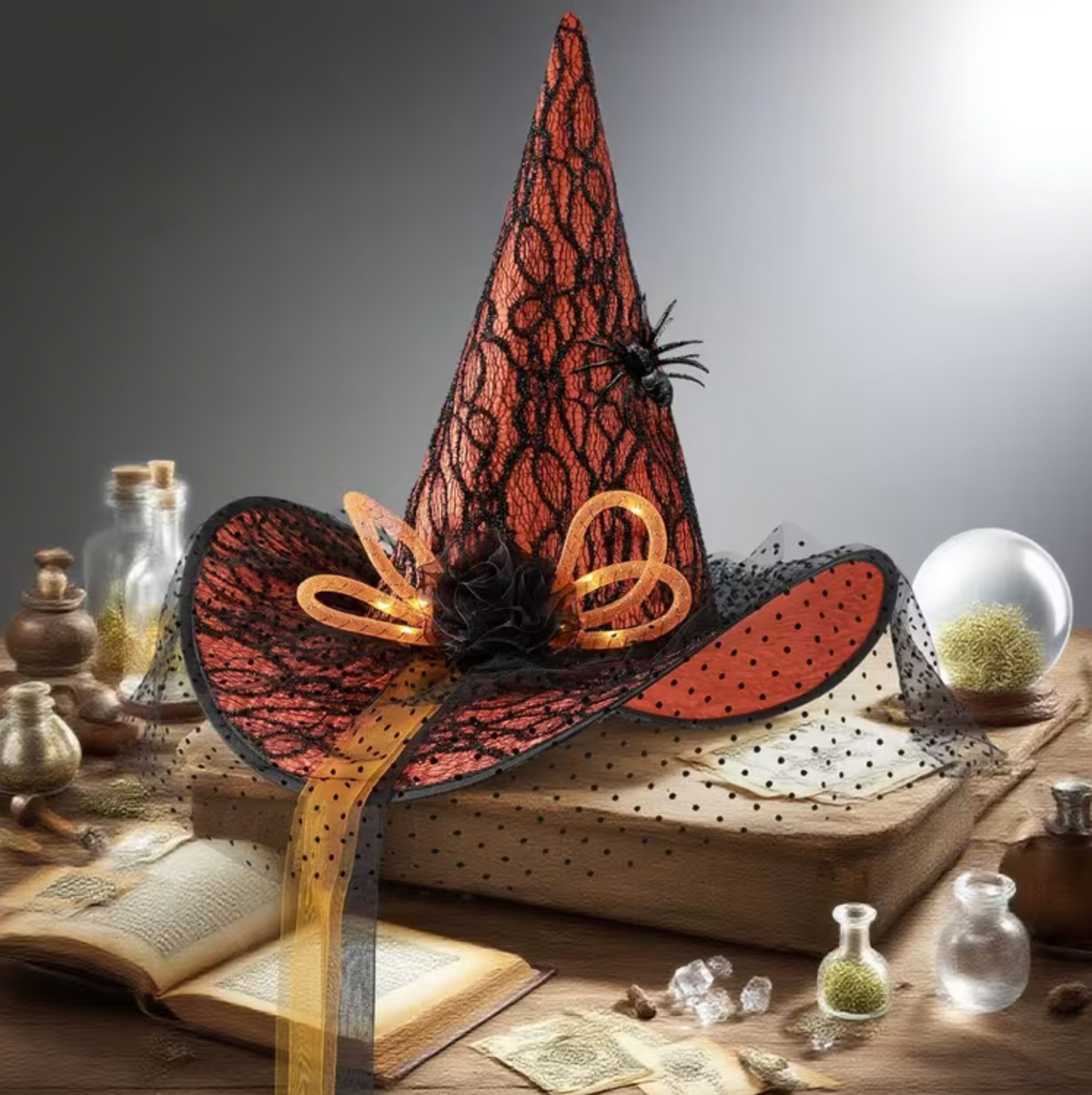 Glowing Witch Hat with Spider Web Pattern, Hidden Switch, and Fabric Rose Accents