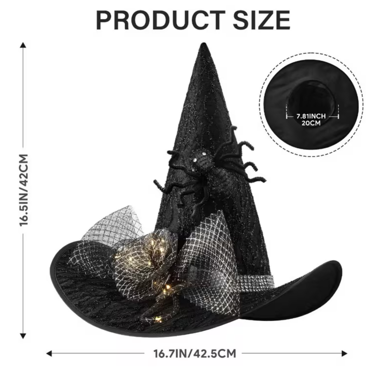 Glowing Witch Hat with Spider Web Pattern, Hidden Switch, and Fabric Rose Accents