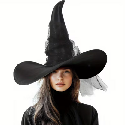 Black Witch Hat with Wide Brim, Pointed Cone, and Glitter Star Veil Drape
