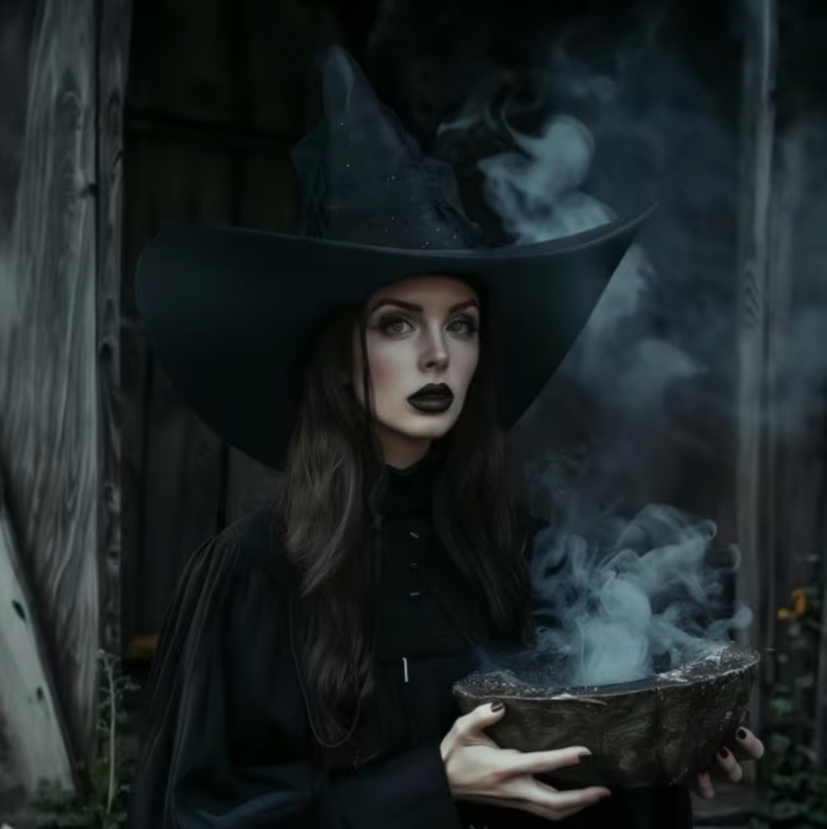 Black Witch Hat with Wide Brim, Pointed Cone, and Glitter Star Veil Drape