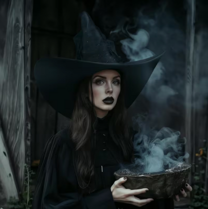 Black Witch Hat with Wide Brim, Pointed Cone, and Glitter Star Veil Drape