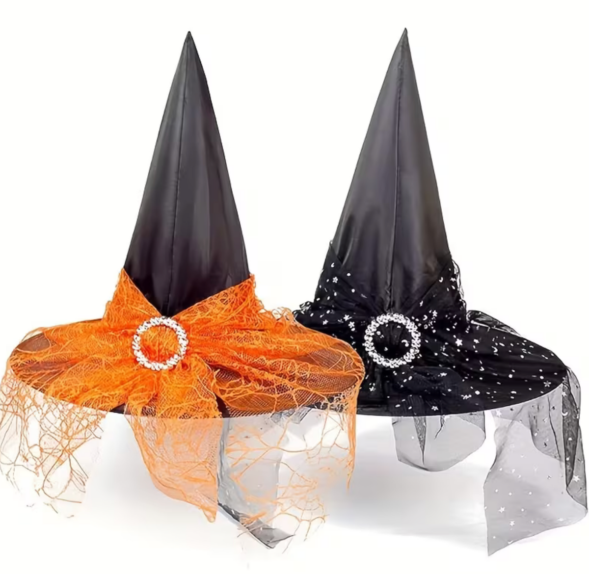 Two Pointed Tulle Witch Hats with Lace Trim, One Black and One Orange