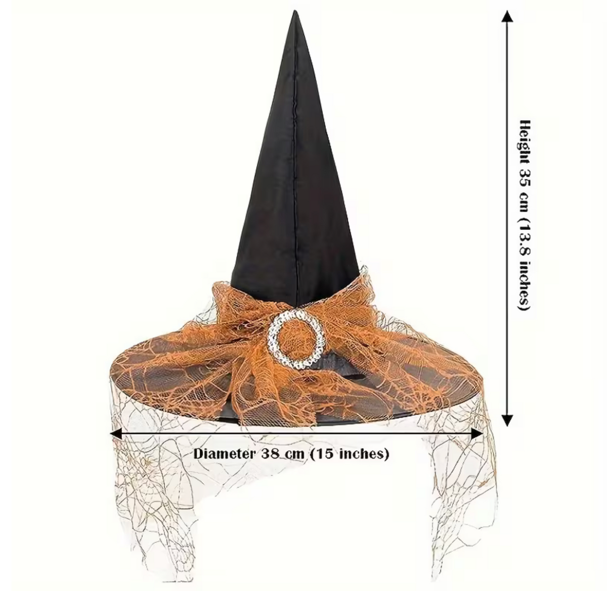 Two Pointed Tulle Witch Hats with Lace Trim, One Black and One Orange