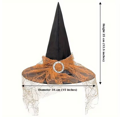 Two Pointed Tulle Witch Hats with Lace Trim, One Black and One Orange