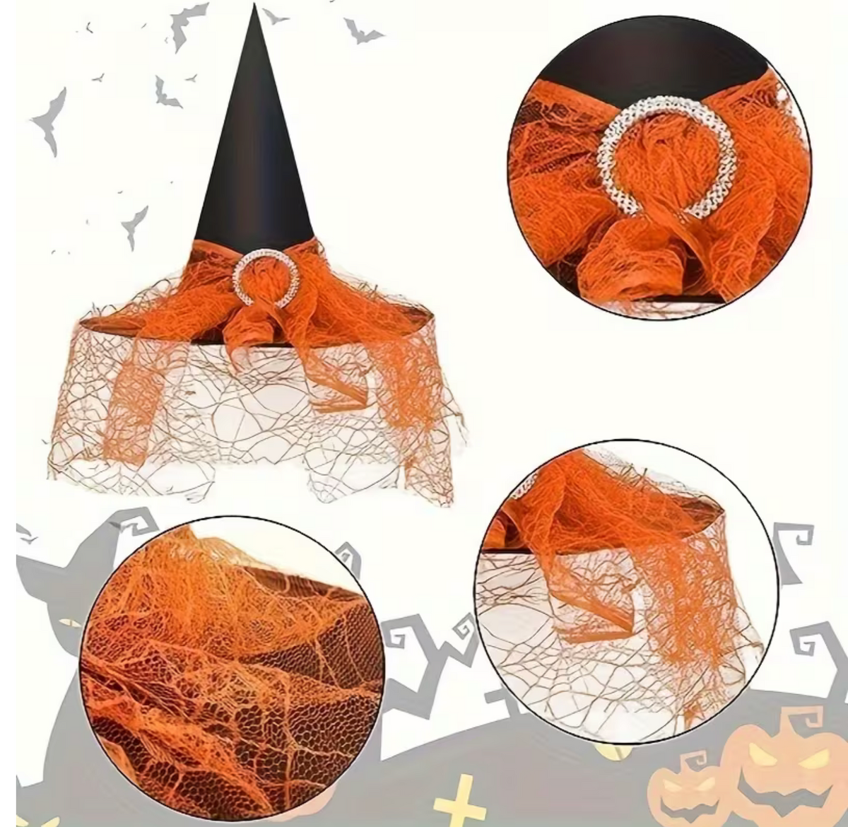 Two Pointed Tulle Witch Hats with Lace Trim, One Black and One Orange