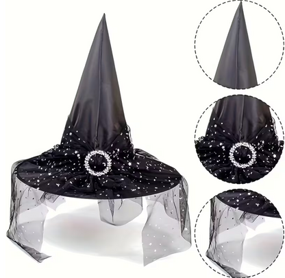 Two Pointed Tulle Witch Hats with Lace Trim, One Black and One Orange