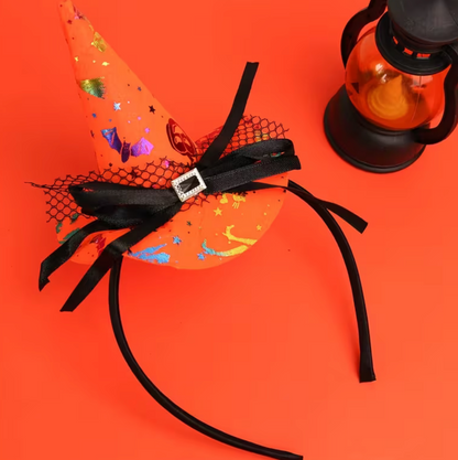 Small Orange Witch Hat Headband with Spider Web Print, Lace Edge, and Bow