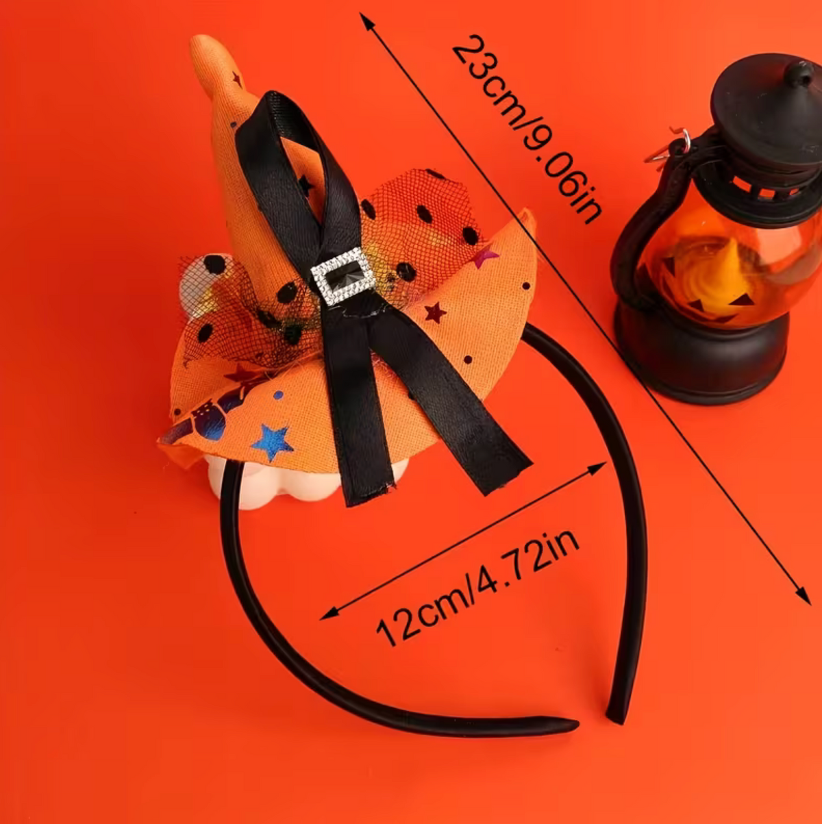 Small Orange Witch Hat Headband with Spider Web Print, Lace Edge, and Bow
