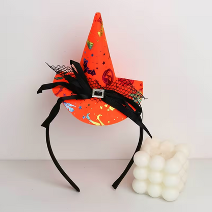 Small Orange Witch Hat Headband with Spider Web Print, Lace Edge, and Bow