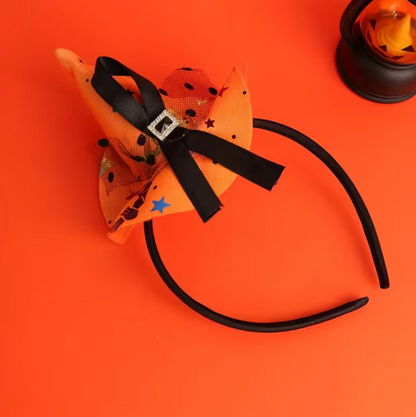Small Orange Witch Hat Headband with Spider Web Print, Lace Edge, and Bow