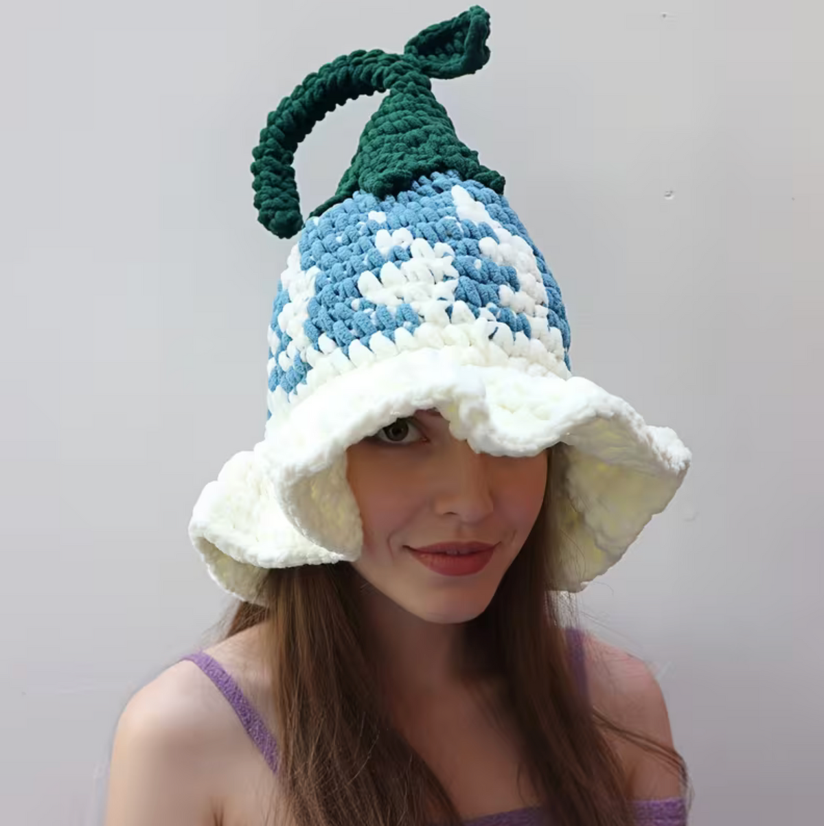 Handmade Crochet Wizard Hat with Flower Stitching and Tall Pointed Cone, Three Colors