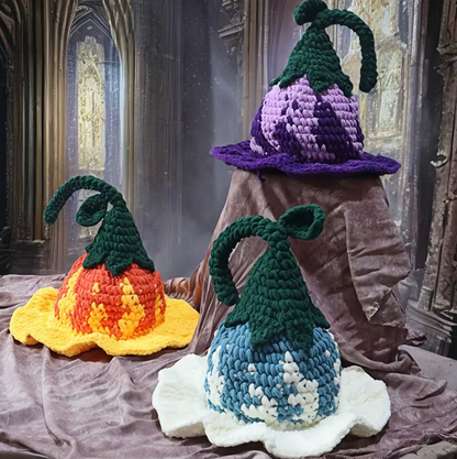 Handmade Crochet Wizard Hat with Flower Stitching and Tall Pointed Cone, Three Colors