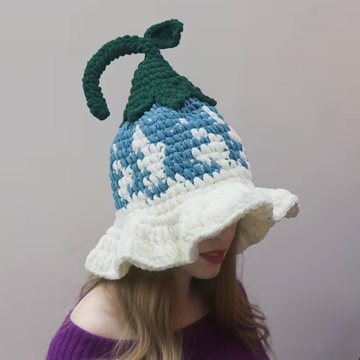 Handmade Crochet Wizard Hat with Flower Stitching and Tall Pointed Cone, Three Colors