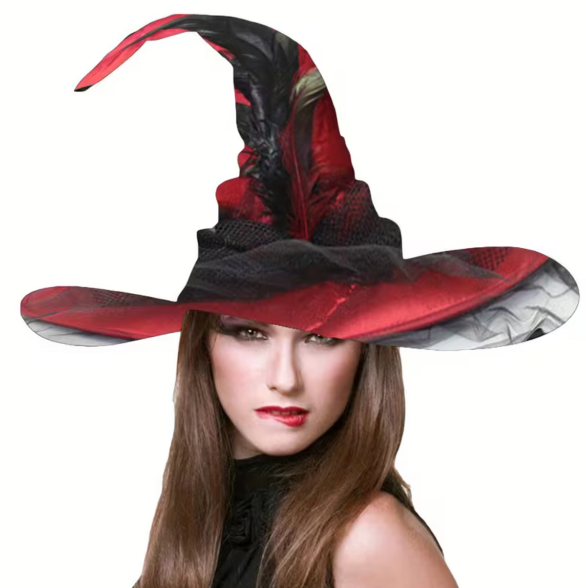 Tall Witch Hat with Wide Flat Brim, Attached Sheer Veil, and Inner Sizing Band