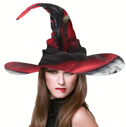 Tall Witch Hat with Wide Flat Brim, Attached Sheer Veil, and Inner Sizing Band