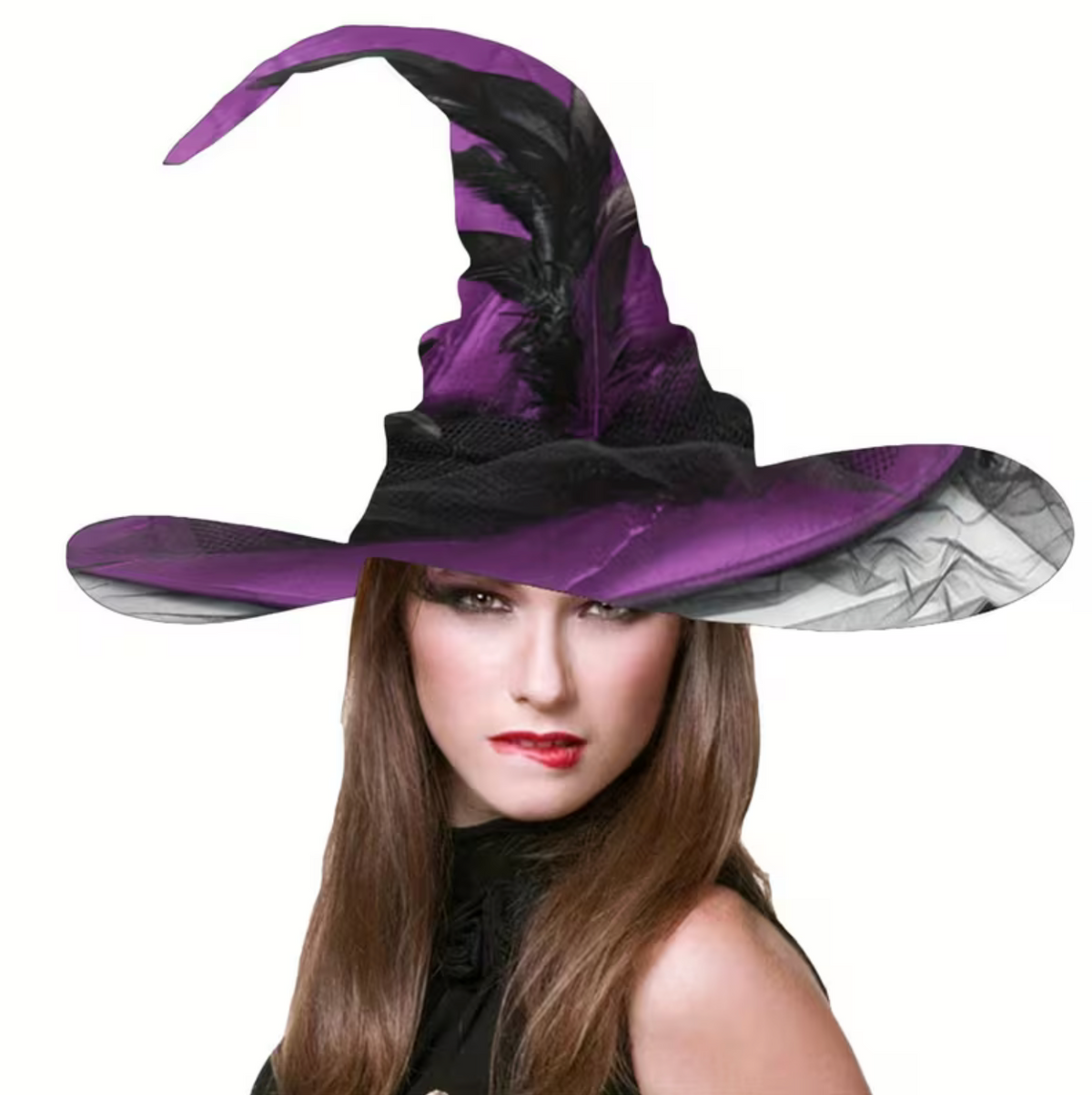 Tall Witch Hat with Wide Flat Brim, Attached Sheer Veil, and Inner Sizing Band