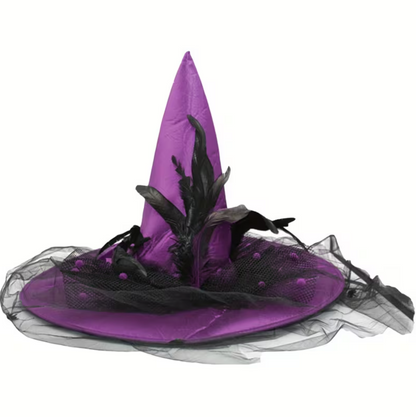 Tall Witch Hat with Wide Flat Brim, Attached Sheer Veil, and Inner Sizing Band