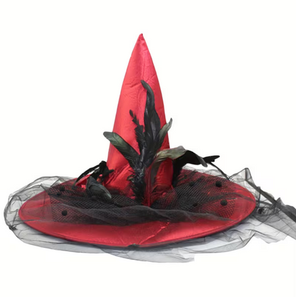 Tall Witch Hat with Wide Flat Brim, Attached Sheer Veil, and Inner Sizing Band