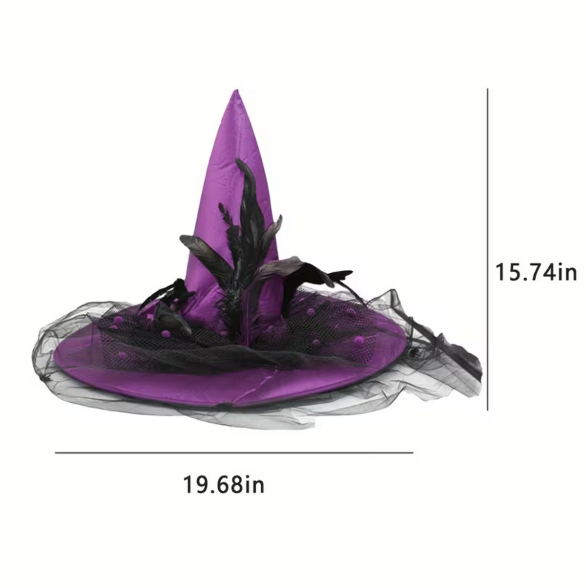 Tall Witch Hat with Wide Flat Brim, Attached Sheer Veil, and Inner Sizing Band