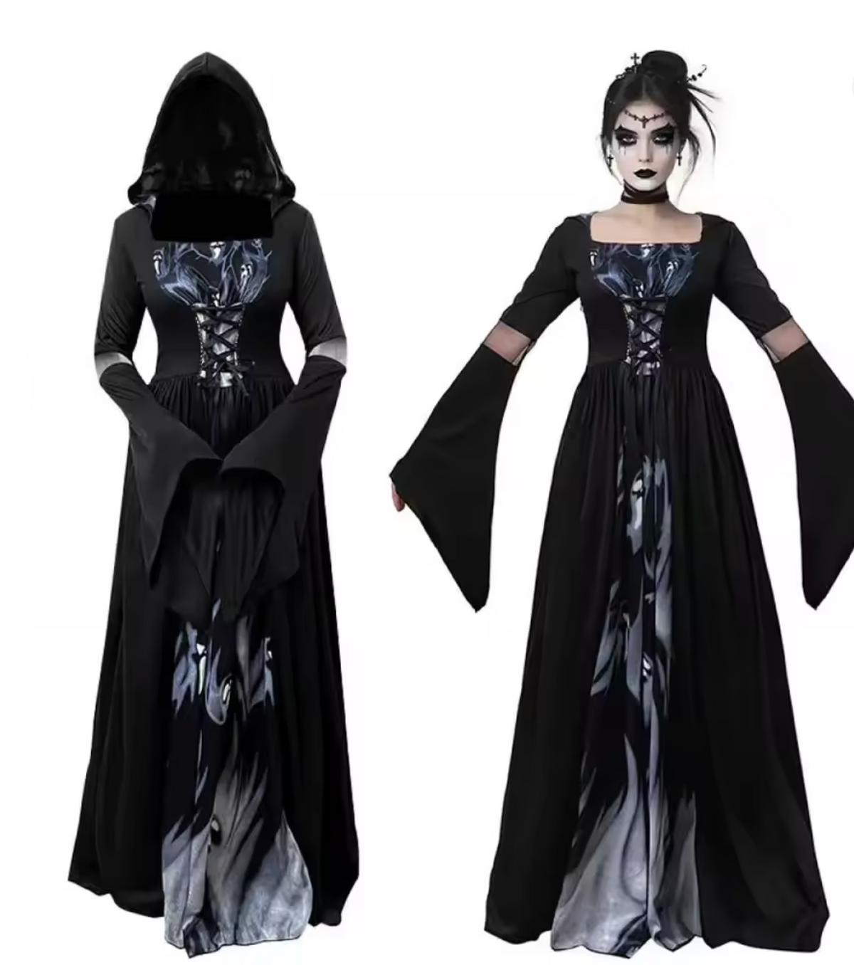 Bell Sleeve Witch Dress with Fitted Waist for Halloween Costumes