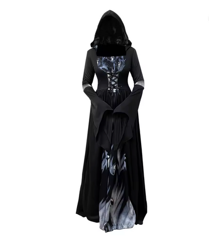 Bell Sleeve Witch Dress with Fitted Waist for Halloween Costumes