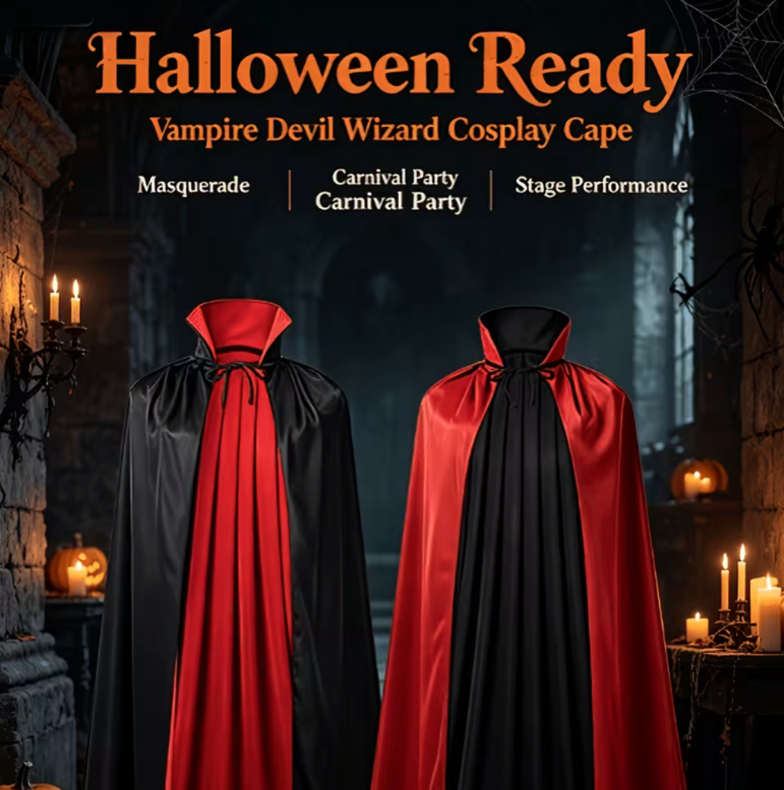 Reversible Double Sided Gothic Cape with Front Lacing for Costumes