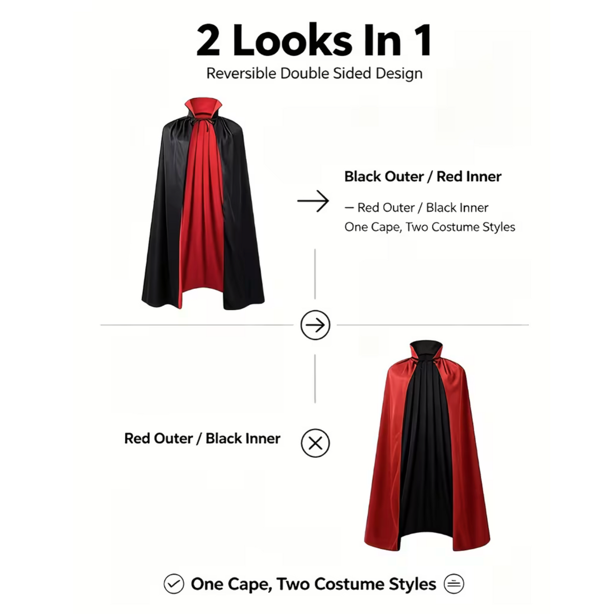 Reversible Double Sided Gothic Cape with Front Lacing for Costumes