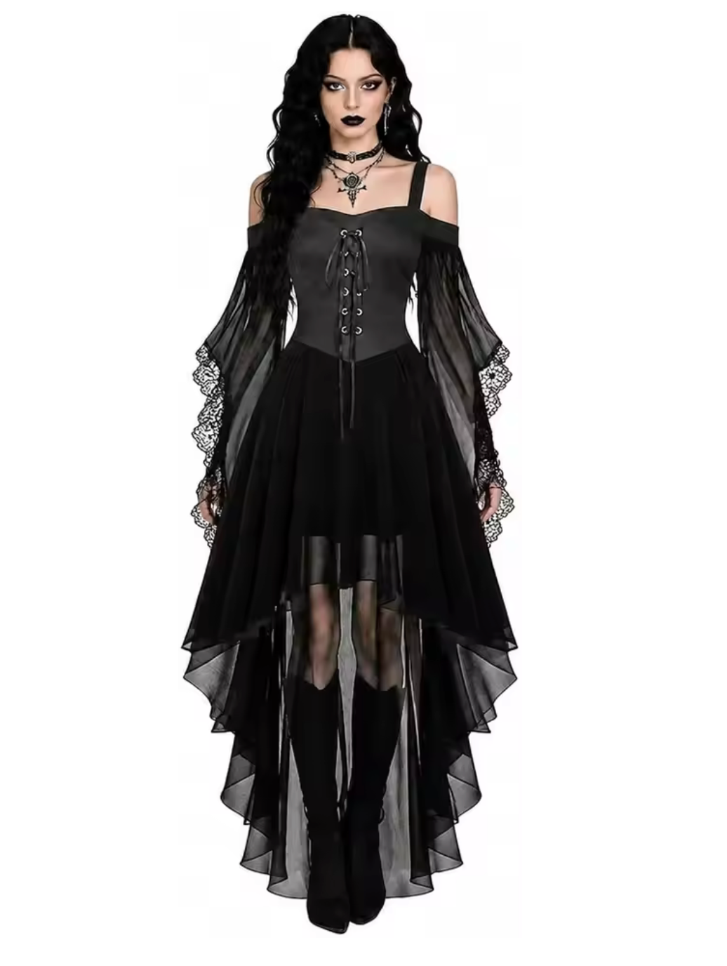 Butterfly Sleeve Gothic Dress with Stretch Mesh for Costume Events