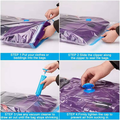 Clothes Vacuum Storage Bags in Four Sizes with Dual Zip Closure, Clear Walls and a Hand Pump
