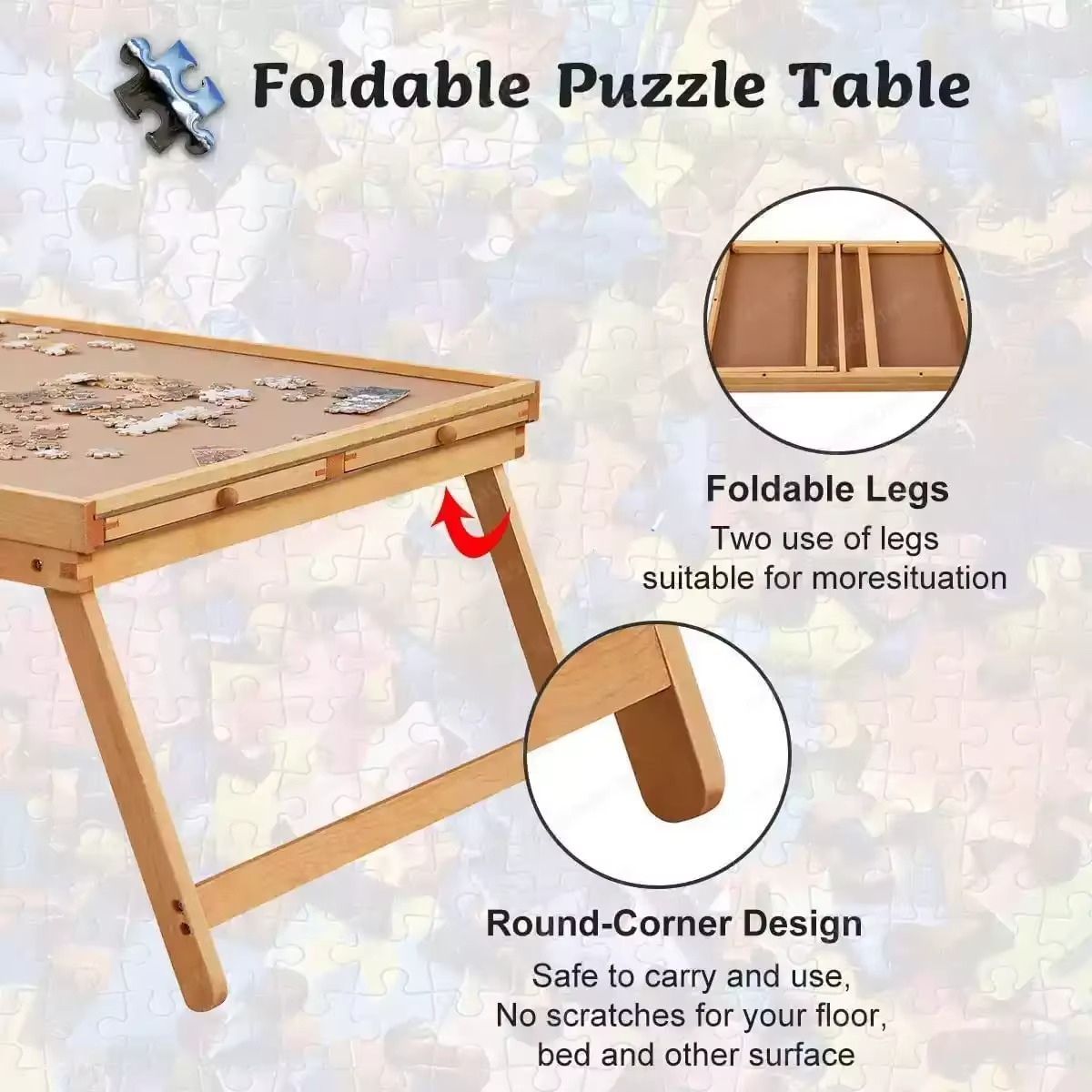 Folding Wooden Puzzle Table with Four Side Drawers for Puzzles Up to 1500 Pieces