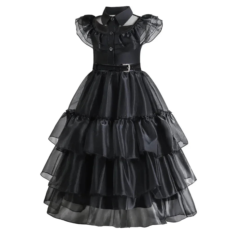 Girls Gothic Layered Cake Gown with Mesh Cutout Details and Mid Calf Length
