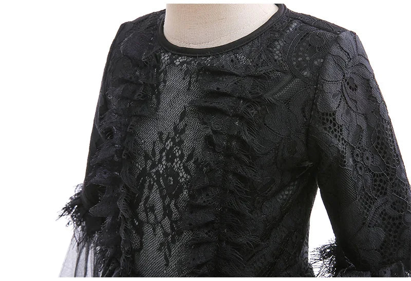 Girls Witch Queen Costume Dress with Lace Ruffles and Mid Calf Length