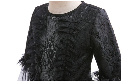 Girls Witch Queen Costume Dress with Lace Ruffles and Mid Calf Length