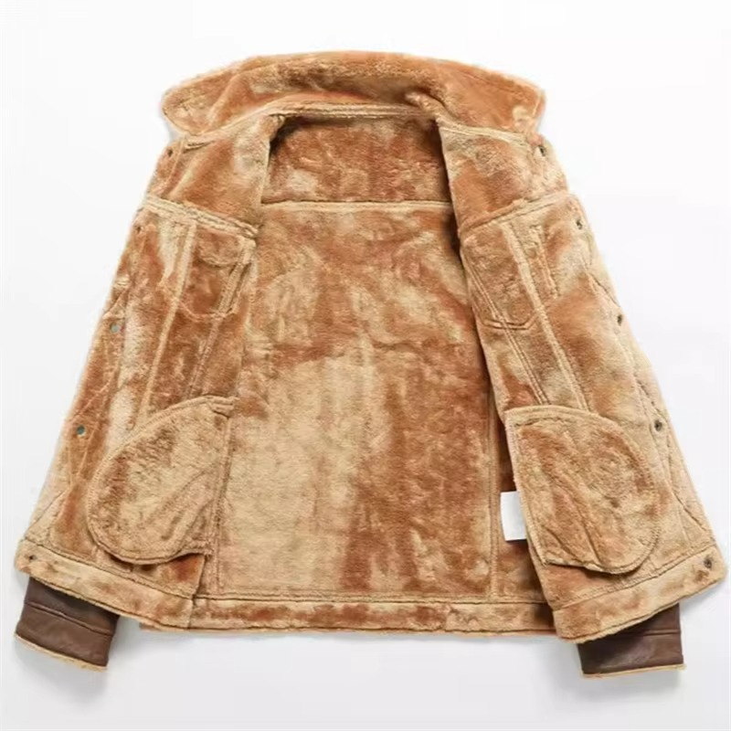 Mens Winter Suede Leather Coat with Fleece Lining and Turn Down Collar