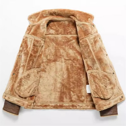 Mens Winter Suede Leather Coat with Fleece Lining and Turn Down Collar