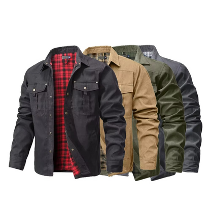 Mens Flannel Lined Western Shirt Jacket with Snap Buttons and Chest Pockets