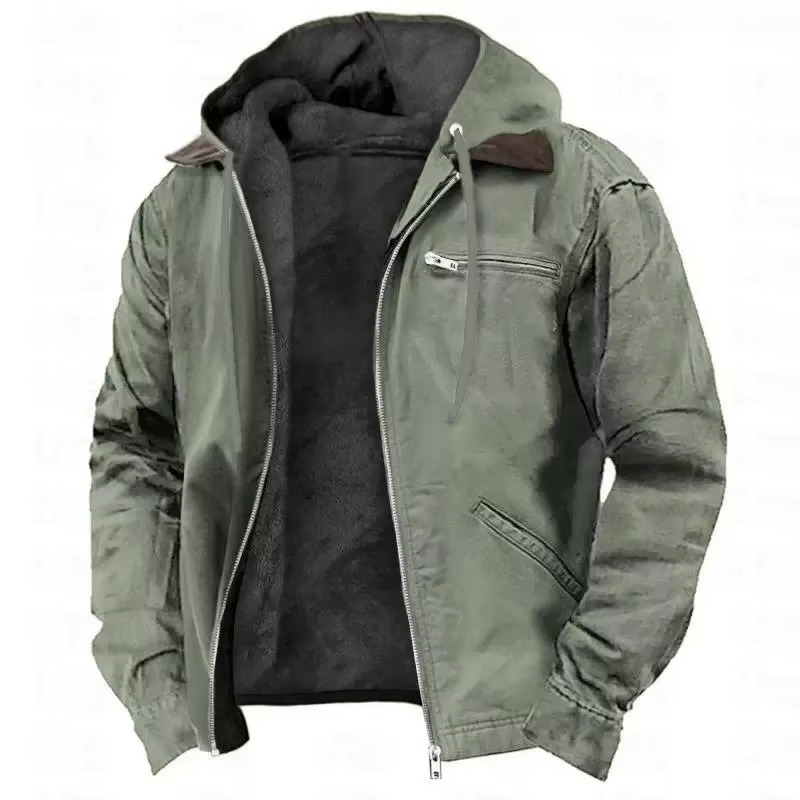 Men's Heavyweight Hooded Workwear Jacket with Insulated Lining and Adjustable Hood