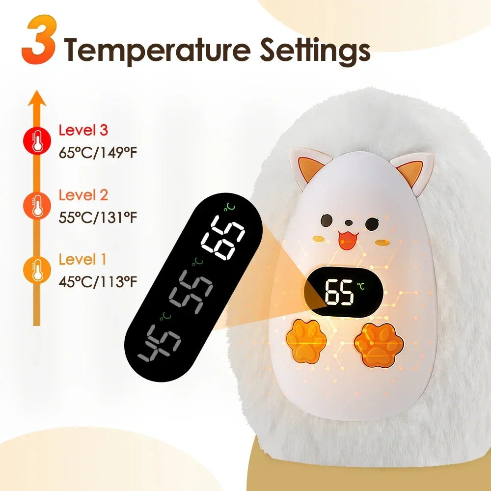 Rechargeable Hand Warmer with Digital Display and Cat Plush Design, 3 Heat Levels