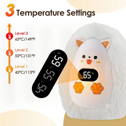 Rechargeable Hand Warmer with Digital Display and Cat Plush Design, 3 Heat Levels