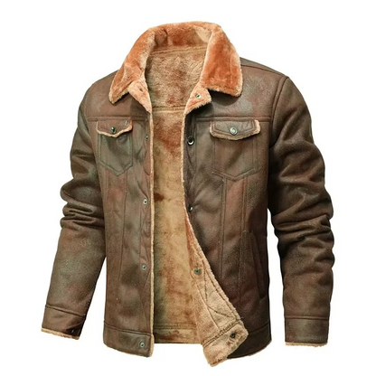 Mens Winter Suede Leather Coat with Fleece Lining and Turn Down Collar