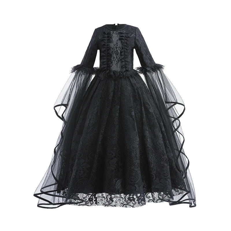 Girls Witch Queen Costume Dress with Lace Ruffles and Mid Calf Length