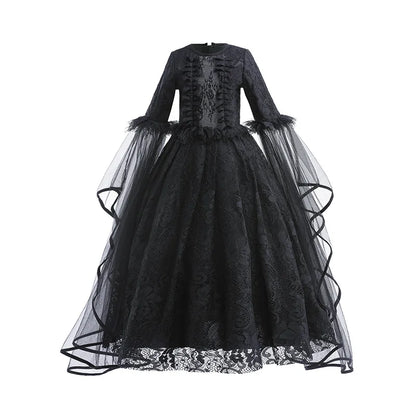 Girls Witch Queen Costume Dress with Lace Ruffles and Mid Calf Length