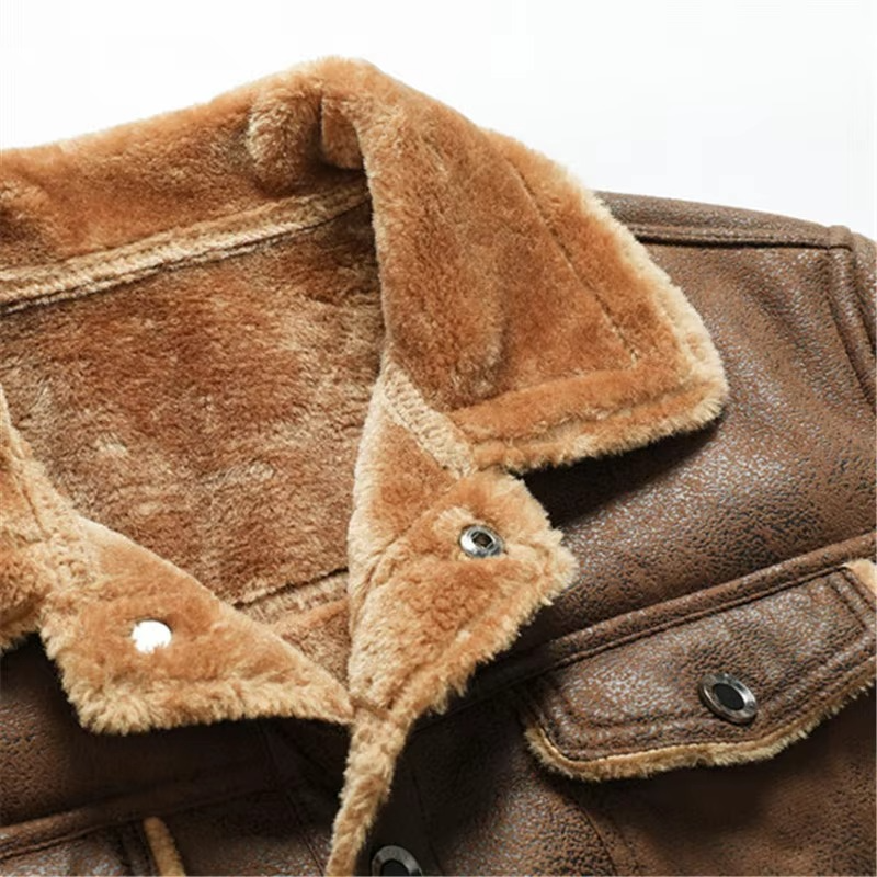 Mens Winter Suede Leather Coat with Fleece Lining and Turn Down Collar