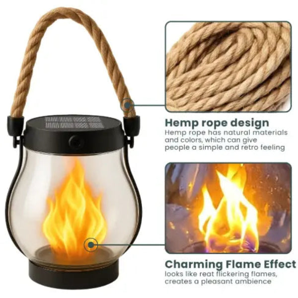 Solar Flame Lantern with Flickering LED and Auto Dusk Activation, 12-Hour Runtime
