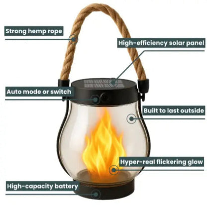 Solar Flame Lantern with Flickering LED and Auto Dusk Activation, 12-Hour Runtime