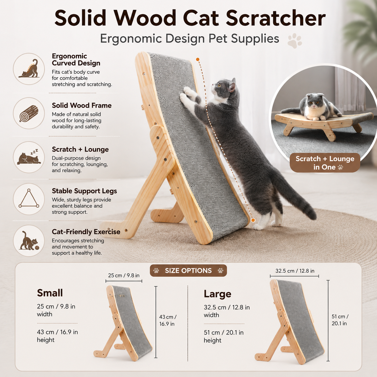Curved Wood Cat Scratcher with Slope Design for Scratching and Lounging