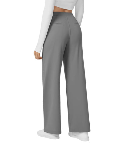 Womens Straight Leg Pants with Elastic Waistband and Side Pockets in High Stretch Nylon